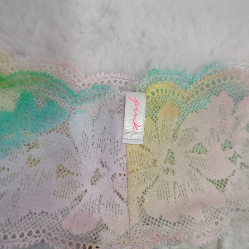 NWT PINK VS Grey Pastel Ombre Rainbow Floral Lace Waist Thong Size Large - Picture 3 of 4